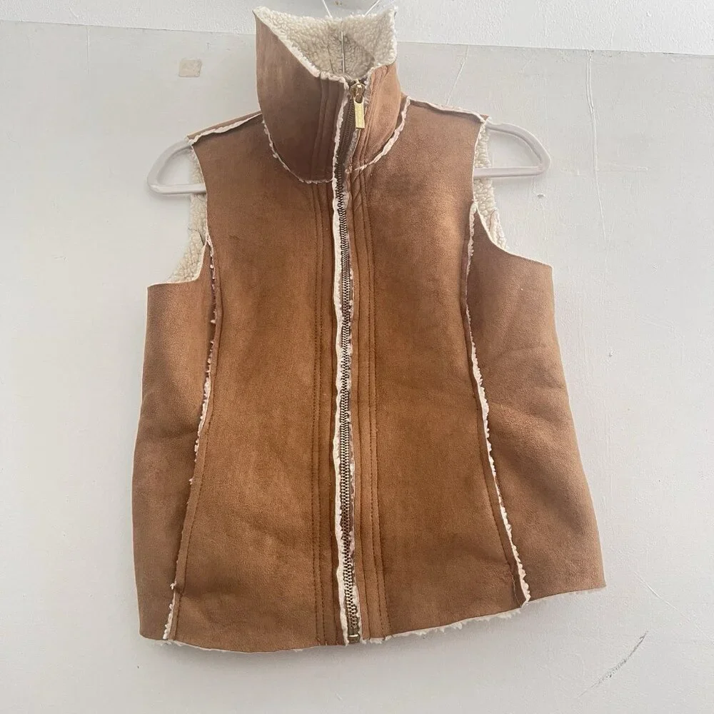 Michael Kors Faux Suede Sherpa Vest Camel Brown Petite Small P/S bohemian